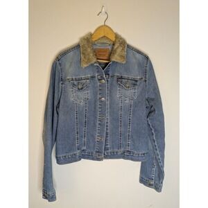 Vintage 90s Levis Denim Trucker Jacket Faux Fur Retro Grunge Womens Sz L Y2K VTG